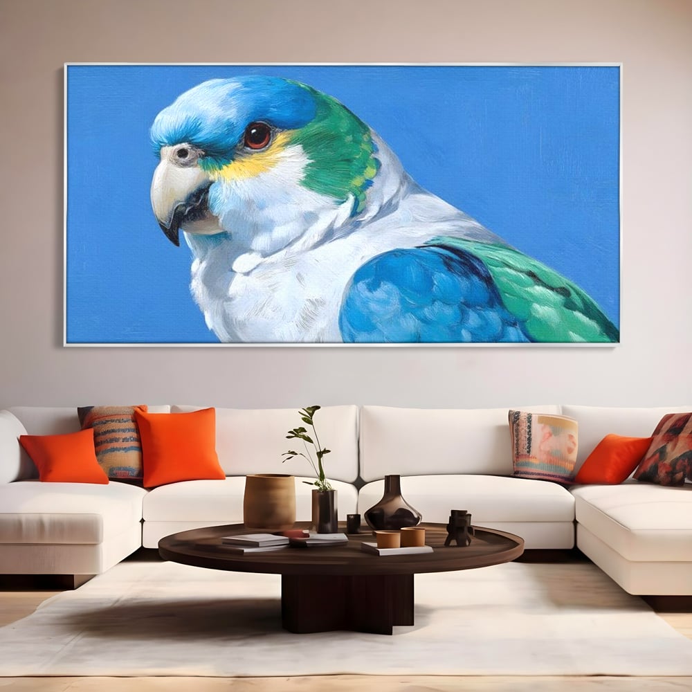 Tablou Canvas Premium, LuxCanva® M1104, Trilogia Culorilor, Papagal, Tropical, Exotic, Pasare, Azur, Smarald, Pastel, Senin, Relaxare, Portret, Penaj, Birou, Living, Camera Copil