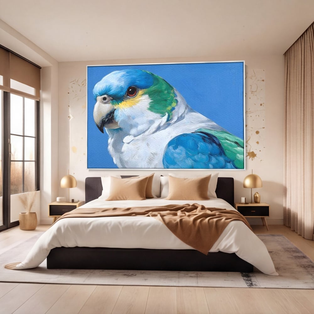 Tablou Canvas Premium, LuxCanva® M1104, Trilogia Culorilor, Papagal, Tropical, Exotic, Pasare, Azur, Smarald, Pastel, Senin, Relaxare, Portret, Penaj, Birou, Living, Camera Copil