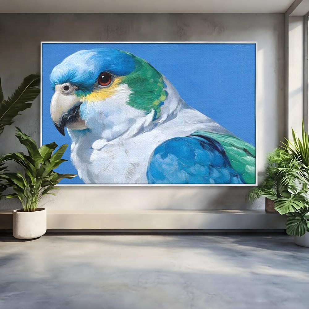 Tablou Canvas Premium, LuxCanva® M1104, Trilogia Culorilor, Papagal, Tropical, Exotic, Pasare, Azur, Smarald, Pastel, Senin, Relaxare, Portret, Penaj, Birou, Living, Camera Copil