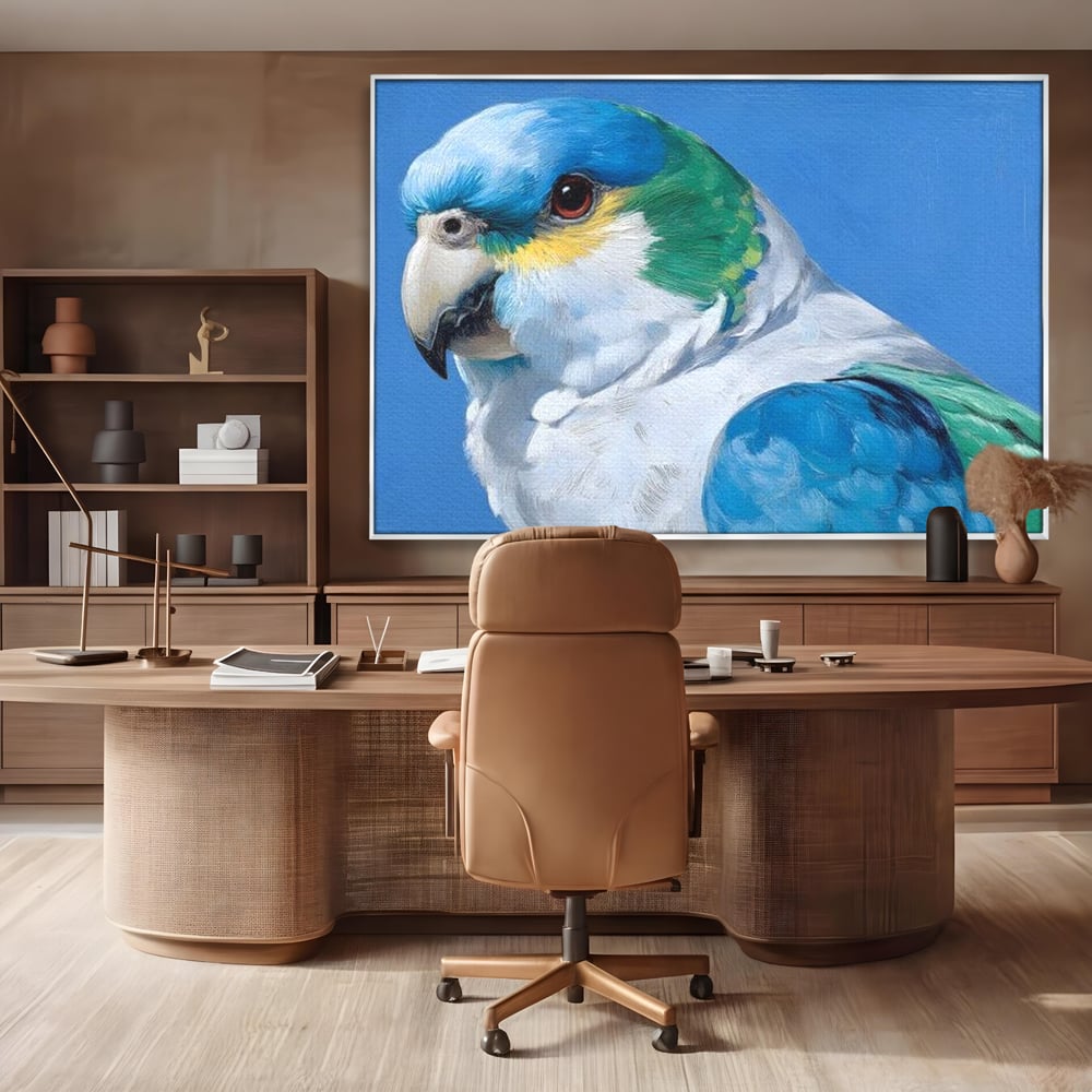 Tablou Canvas Premium, LuxCanva® M1104, Trilogia Culorilor, Papagal, Tropical, Exotic, Pasare, Azur, Smarald, Pastel, Senin, Relaxare, Portret, Penaj, Birou, Living, Camera Copil