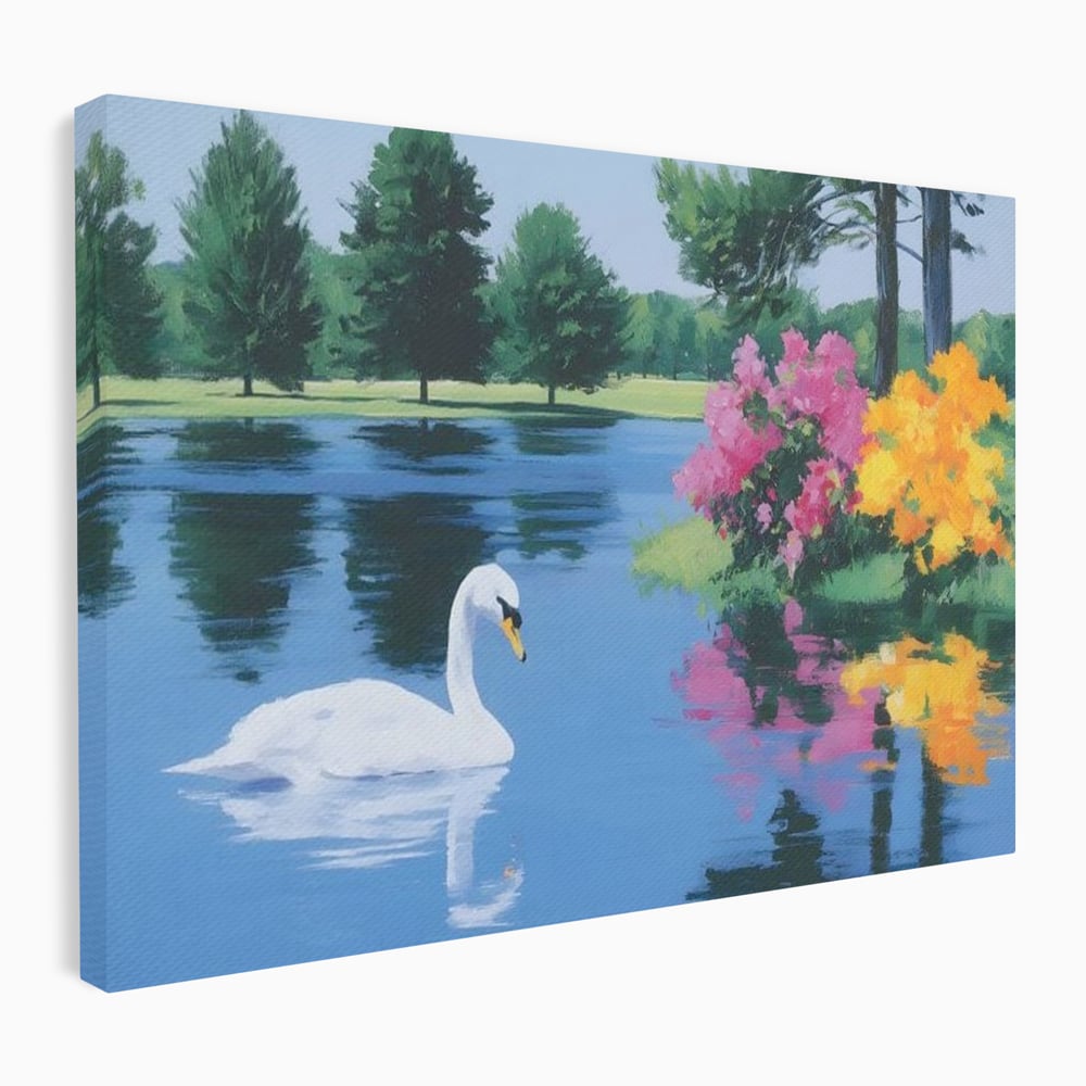 Tablou Canvas Premium, LuxCanva® M1105, Pastel in Acuarela, Lebada, Lac, Apa, Flori, Reflexie, Primavara, Pastel, Natura, Pasare, Pictura, Copaci, Birou, Living, Camera Copil