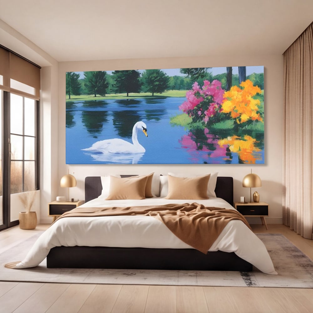 Tablou Canvas Premium, LuxCanva® M1105, Pastel in Acuarela, Lebada, Lac, Apa, Flori, Reflexie, Primavara, Pastel, Natura, Pasare, Pictura, Copaci, Birou, Living, Camera Copil