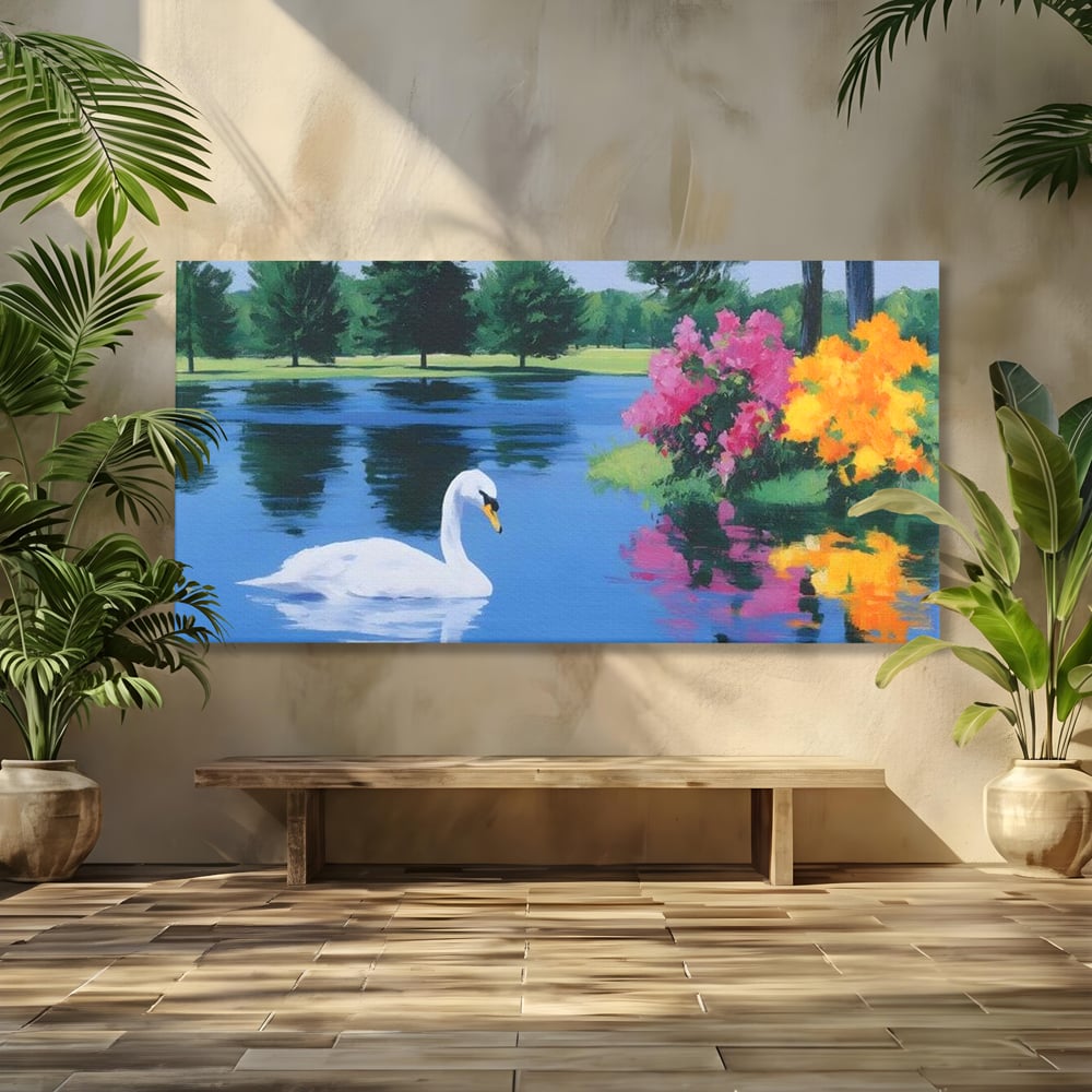 Tablou Canvas Premium, LuxCanva® M1105, Pastel in Acuarela, Lebada, Lac, Apa, Flori, Reflexie, Primavara, Pastel, Natura, Pasare, Pictura, Copaci, Birou, Living, Camera Copil