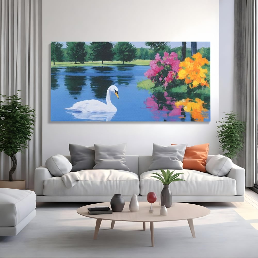 Tablou Canvas Premium, LuxCanva® M1105, Pastel in Acuarela, Lebada, Lac, Apa, Flori, Reflexie, Primavara, Pastel, Natura, Pasare, Pictura, Copaci, Birou, Living, Camera Copil