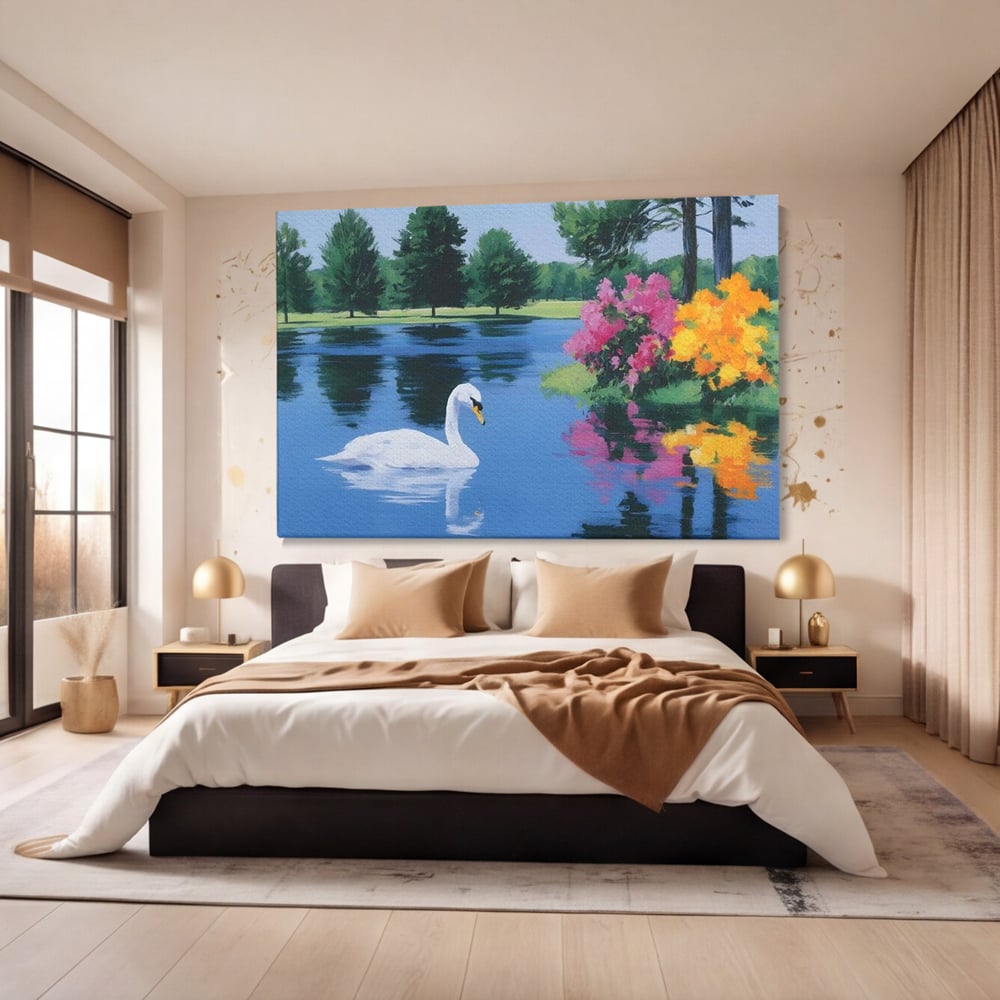 Tablou Canvas Premium, LuxCanva® M1105, Pastel in Acuarela, Lebada, Lac, Apa, Flori, Reflexie, Primavara, Pastel, Natura, Pasare, Pictura, Copaci, Birou, Living, Camera Copil