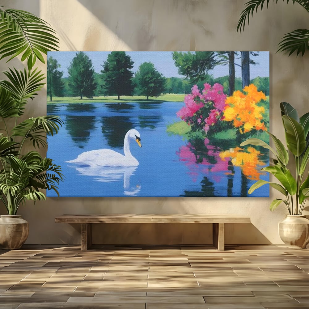 Tablou Canvas Premium, LuxCanva® M1105, Pastel in Acuarela, Lebada, Lac, Apa, Flori, Reflexie, Primavara, Pastel, Natura, Pasare, Pictura, Copaci, Birou, Living, Camera Copil