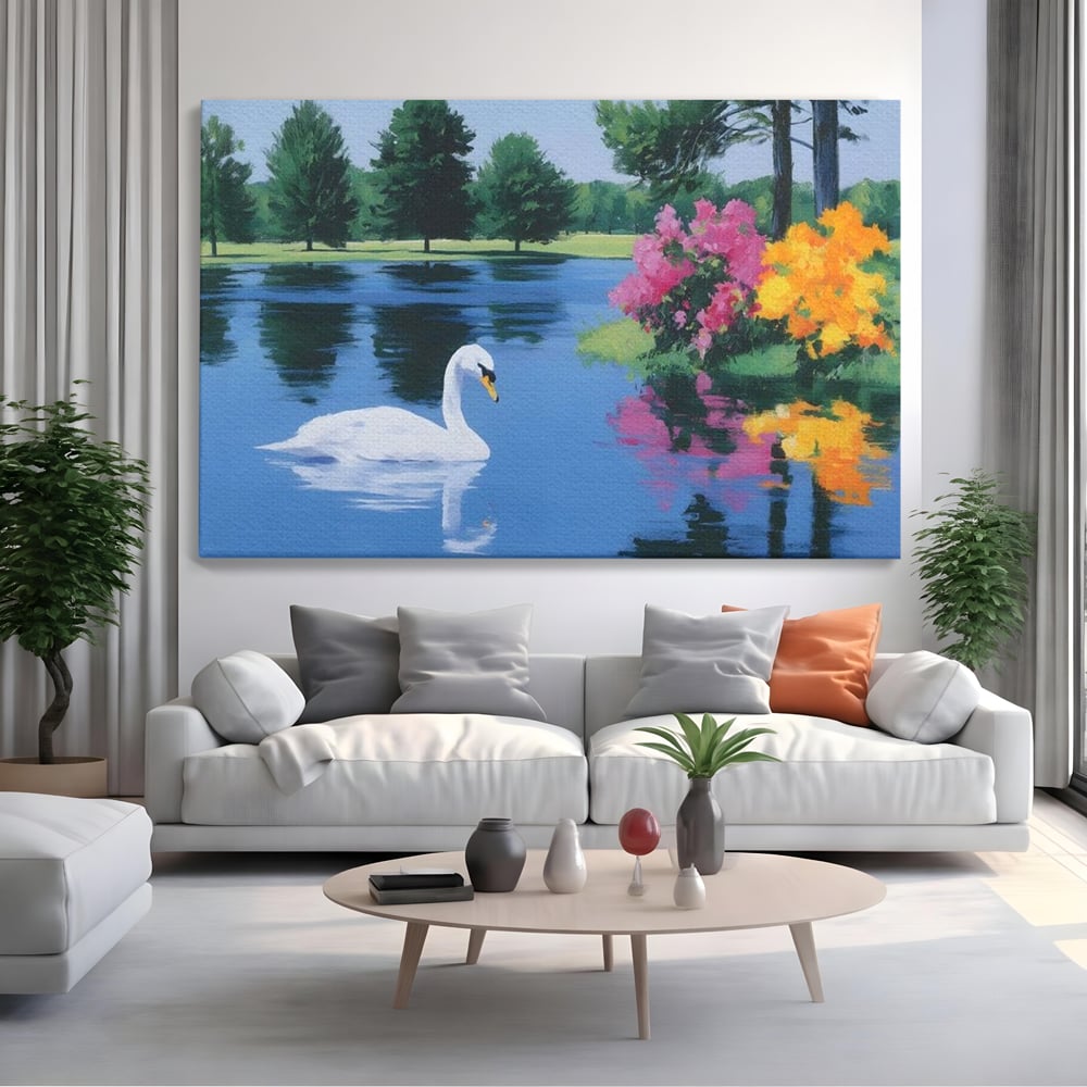 Tablou Canvas Premium, LuxCanva® M1105, Pastel in Acuarela, Lebada, Lac, Apa, Flori, Reflexie, Primavara, Pastel, Natura, Pasare, Pictura, Copaci, Birou, Living, Camera Copil