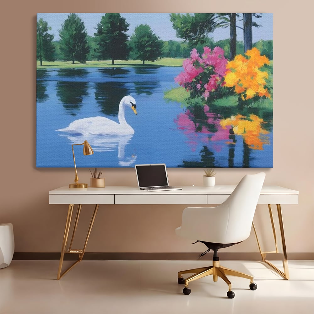 Tablou Canvas Premium, LuxCanva® M1105, Pastel in Acuarela, Lebada, Lac, Apa, Flori, Reflexie, Primavara, Pastel, Natura, Pasare, Pictura, Copaci, Birou, Living, Camera Copil