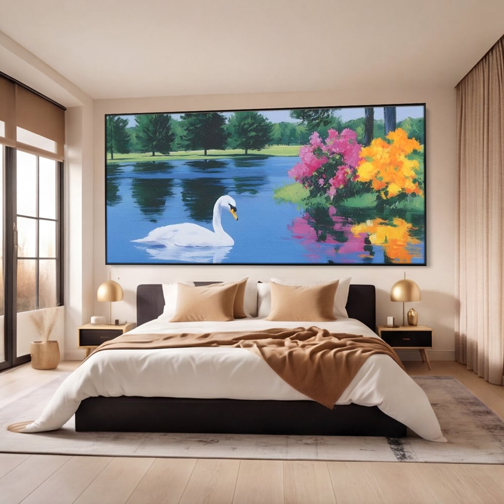 Tablou Canvas Premium, LuxCanva® M1105, Pastel in Acuarela, Lebada, Lac, Apa, Flori, Reflexie, Primavara, Pastel, Natura, Pasare, Pictura, Copaci, Birou, Living, Camera Copil