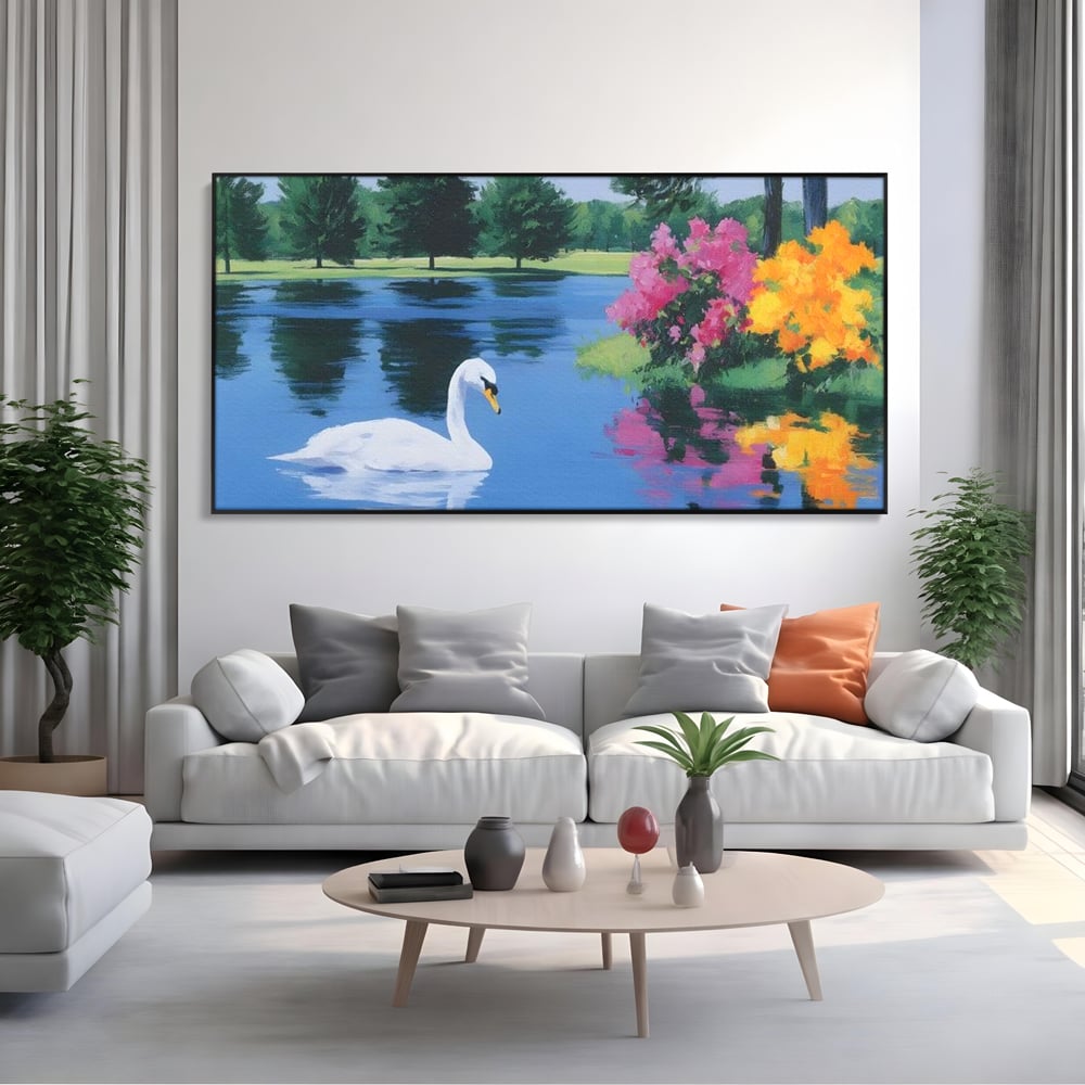 Tablou Canvas Premium, LuxCanva® M1105, Pastel in Acuarela, Lebada, Lac, Apa, Flori, Reflexie, Primavara, Pastel, Natura, Pasare, Pictura, Copaci, Birou, Living, Camera Copil
