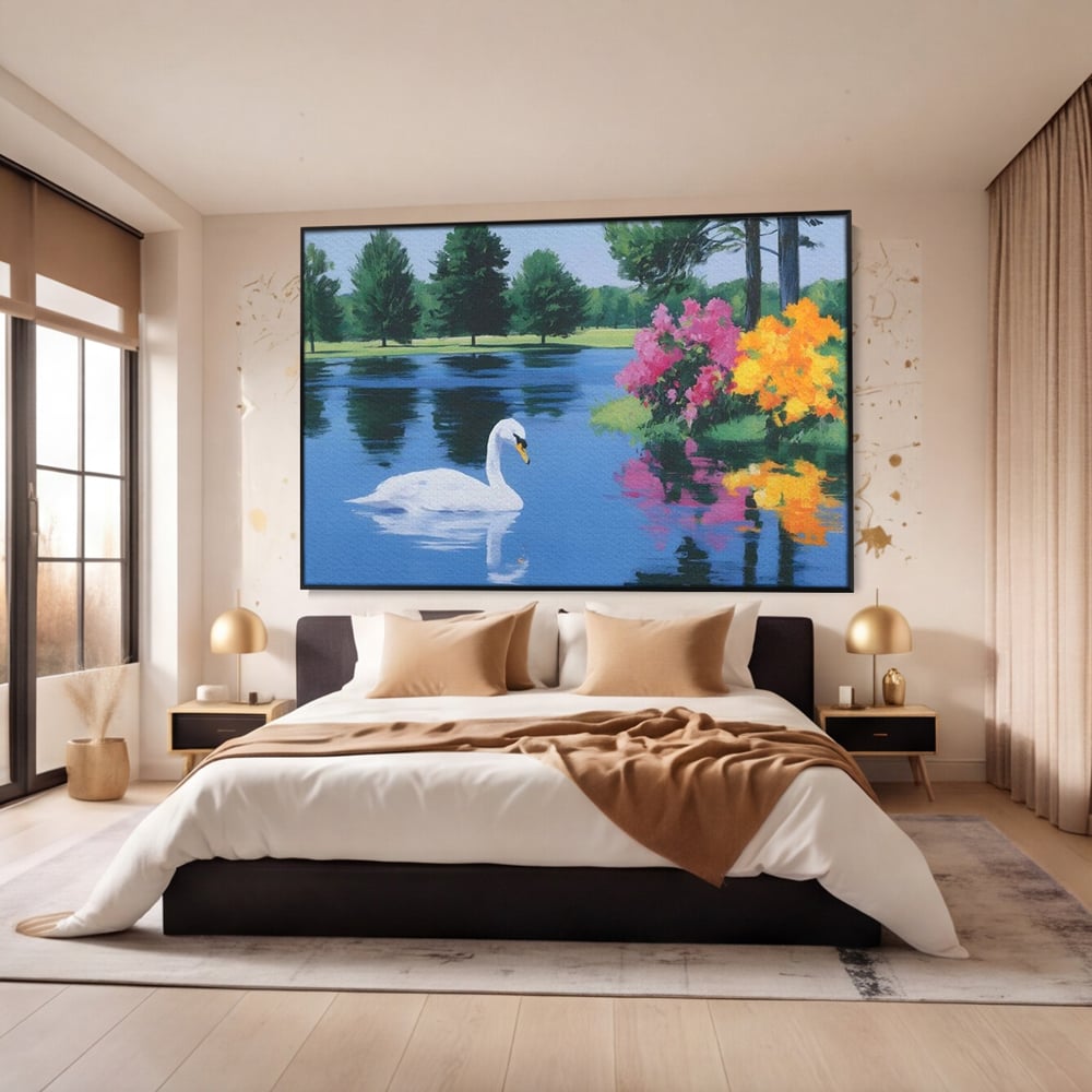 Tablou Canvas Premium, LuxCanva® M1105, Pastel in Acuarela, Lebada, Lac, Apa, Flori, Reflexie, Primavara, Pastel, Natura, Pasare, Pictura, Copaci, Birou, Living, Camera Copil