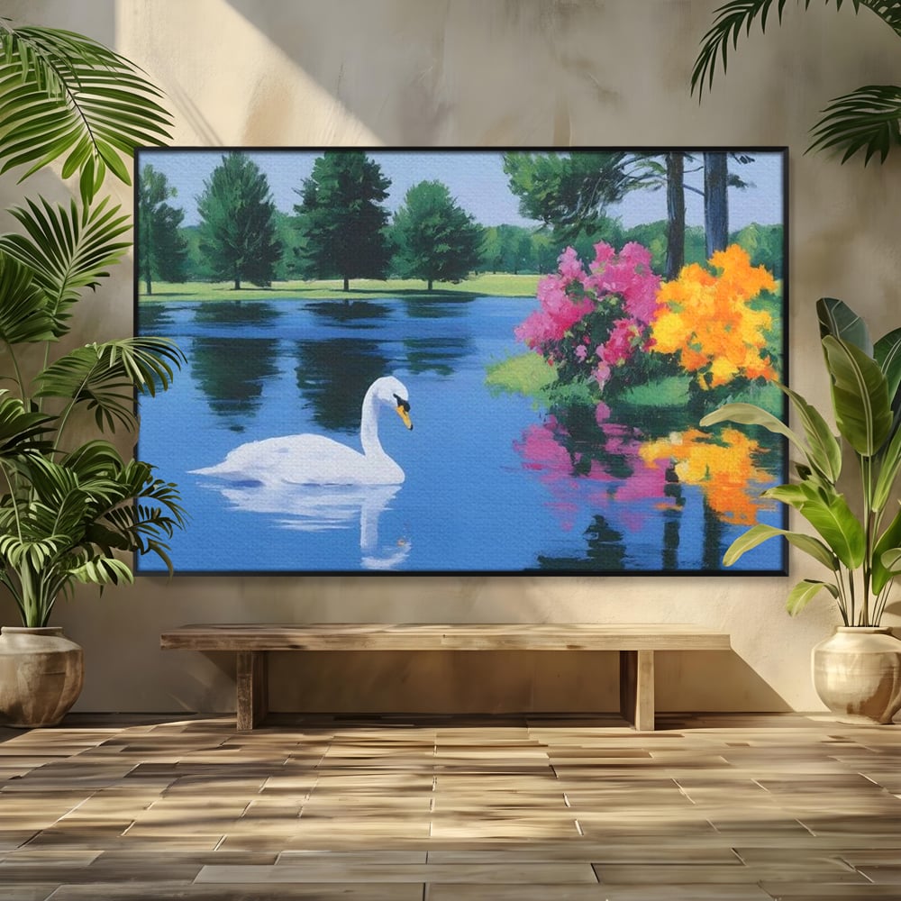 Tablou Canvas Premium, LuxCanva® M1105, Pastel in Acuarela, Lebada, Lac, Apa, Flori, Reflexie, Primavara, Pastel, Natura, Pasare, Pictura, Copaci, Birou, Living, Camera Copil
