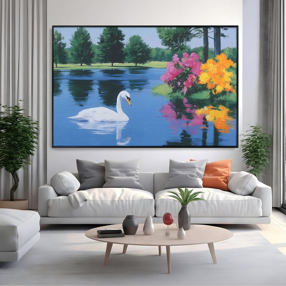 Tablou Canvas Premium, LuxCanva® M1105, Pastel in Acuarela, Lebada, Lac, Apa, Flori, Reflexie, Primavara, Pastel, Natura, Pasare, Pictura, Copaci, Birou, Living, Camera Copil