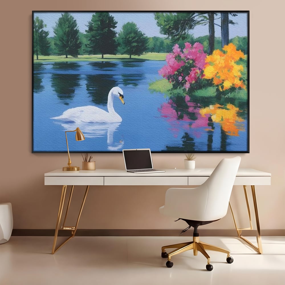 Tablou Canvas Premium, LuxCanva® M1105, Pastel in Acuarela, Lebada, Lac, Apa, Flori, Reflexie, Primavara, Pastel, Natura, Pasare, Pictura, Copaci, Birou, Living, Camera Copil