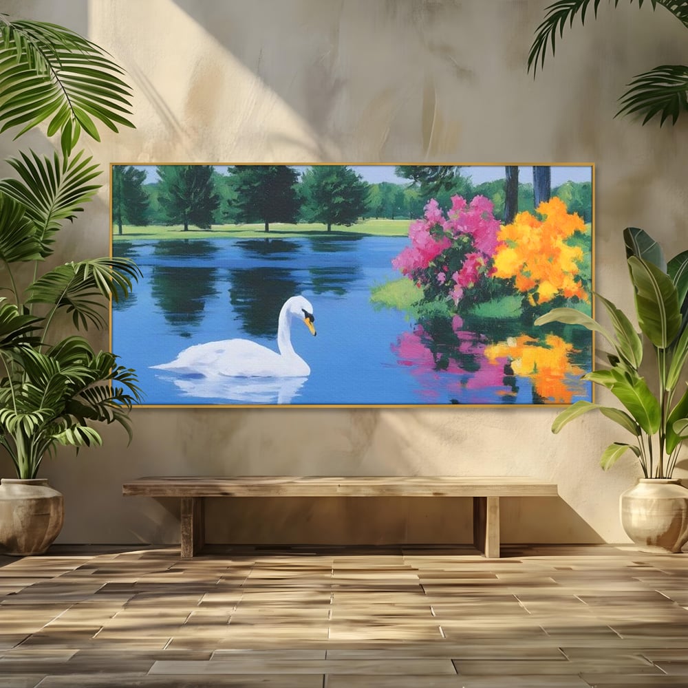 Tablou Canvas Premium, LuxCanva® M1105, Pastel in Acuarela, Lebada, Lac, Apa, Flori, Reflexie, Primavara, Pastel, Natura, Pasare, Pictura, Copaci, Birou, Living, Camera Copil