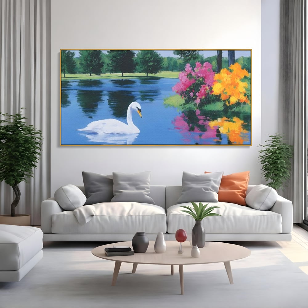 Tablou Canvas Premium, LuxCanva® M1105, Pastel in Acuarela, Lebada, Lac, Apa, Flori, Reflexie, Primavara, Pastel, Natura, Pasare, Pictura, Copaci, Birou, Living, Camera Copil