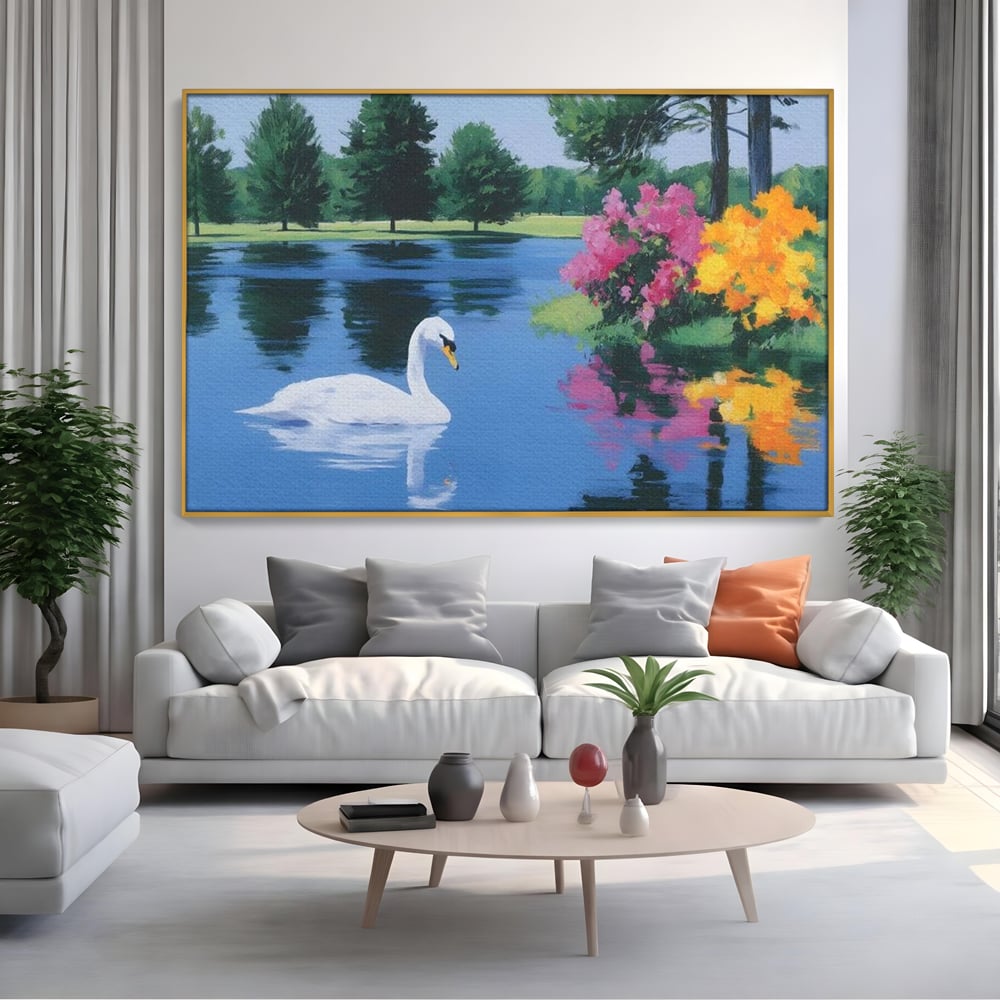 Tablou Canvas Premium, LuxCanva® M1105, Pastel in Acuarela, Lebada, Lac, Apa, Flori, Reflexie, Primavara, Pastel, Natura, Pasare, Pictura, Copaci, Birou, Living, Camera Copil