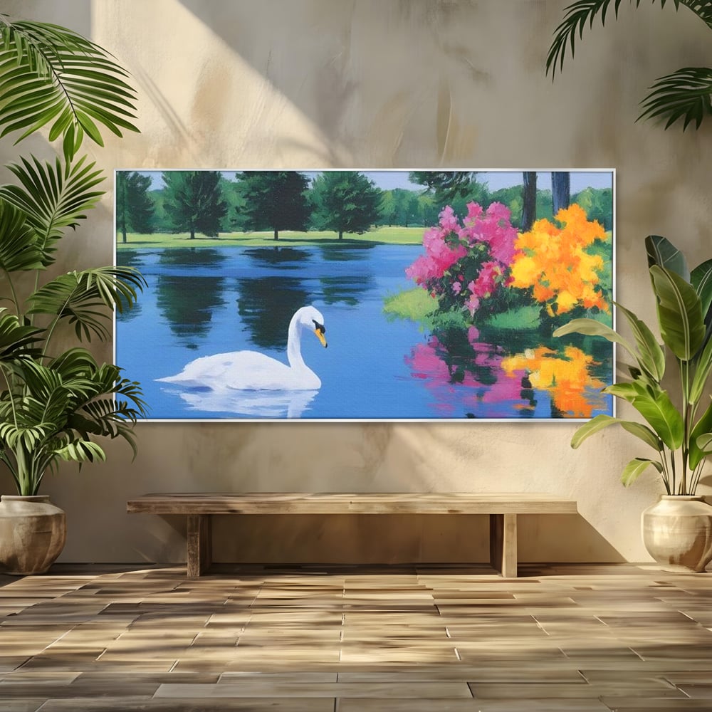 Tablou Canvas Premium, LuxCanva® M1105, Pastel in Acuarela, Lebada, Lac, Apa, Flori, Reflexie, Primavara, Pastel, Natura, Pasare, Pictura, Copaci, Birou, Living, Camera Copil