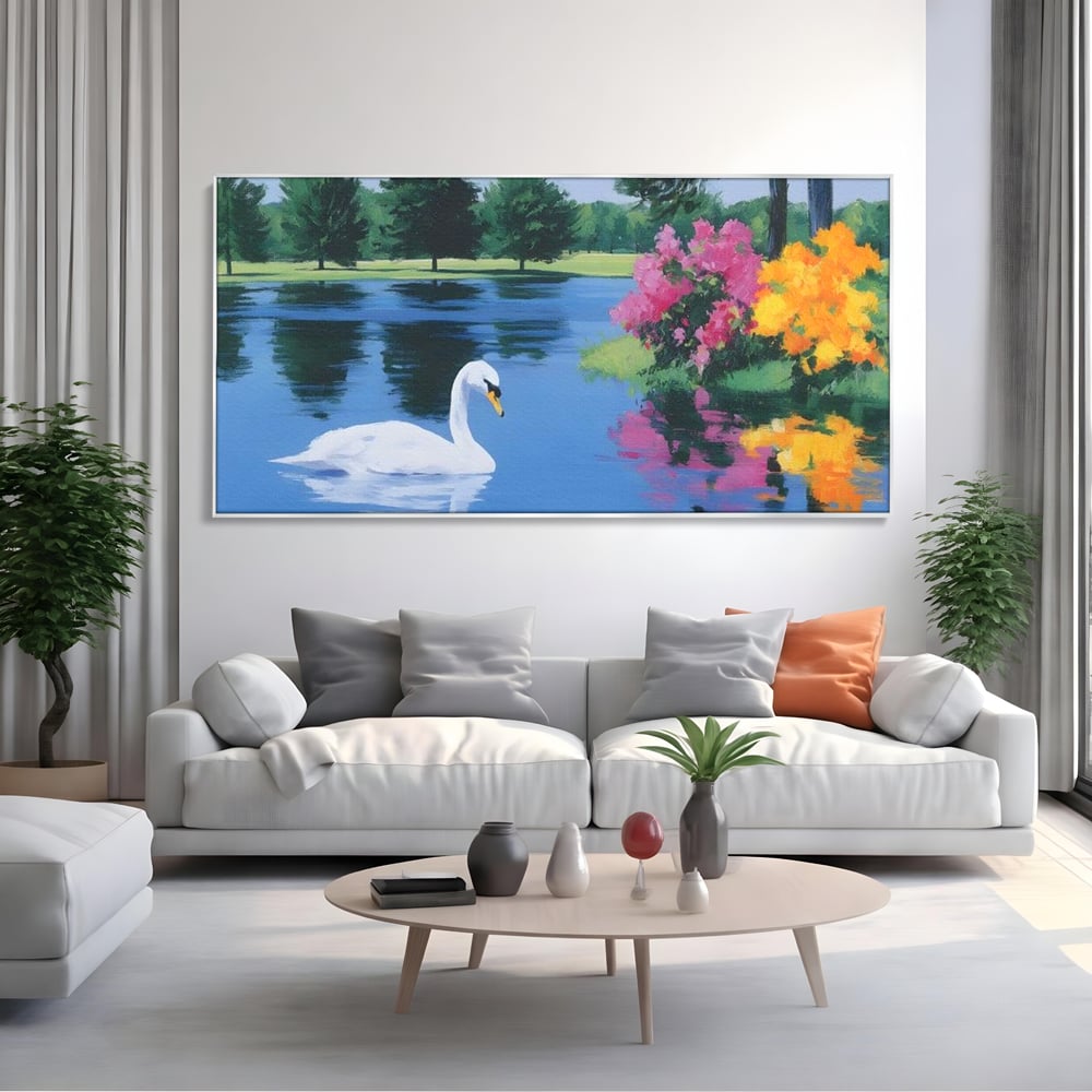 Tablou Canvas Premium, LuxCanva® M1105, Pastel in Acuarela, Lebada, Lac, Apa, Flori, Reflexie, Primavara, Pastel, Natura, Pasare, Pictura, Copaci, Birou, Living, Camera Copil