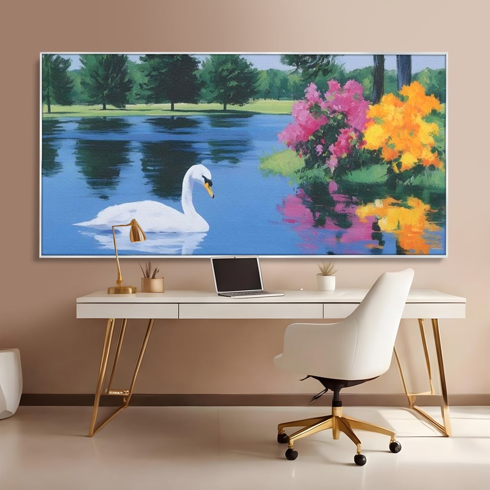 Tablou Canvas Premium, LuxCanva® M1105, Pastel in Acuarela, Lebada, Lac, Apa, Flori, Reflexie, Primavara, Pastel, Natura, Pasare, Pictura, Copaci, Birou, Living, Camera Copil