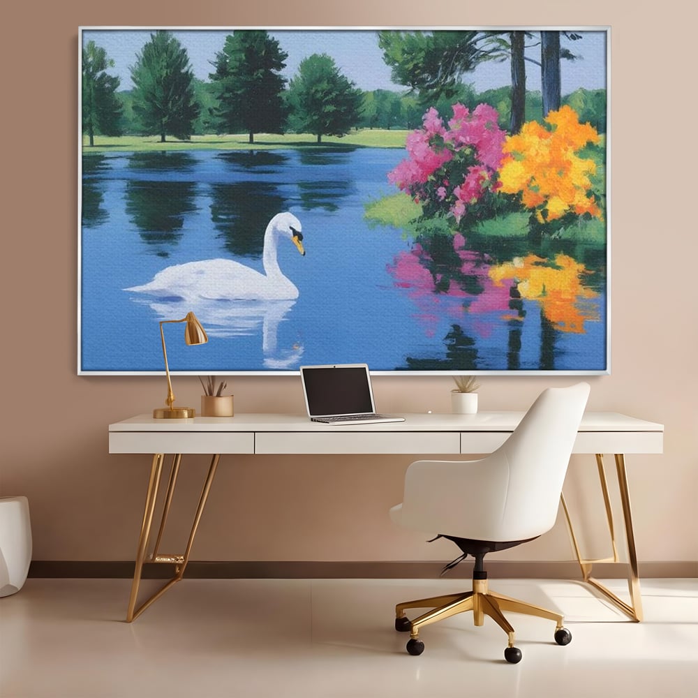 Tablou Canvas Premium, LuxCanva® M1105, Pastel in Acuarela, Lebada, Lac, Apa, Flori, Reflexie, Primavara, Pastel, Natura, Pasare, Pictura, Copaci, Birou, Living, Camera Copil