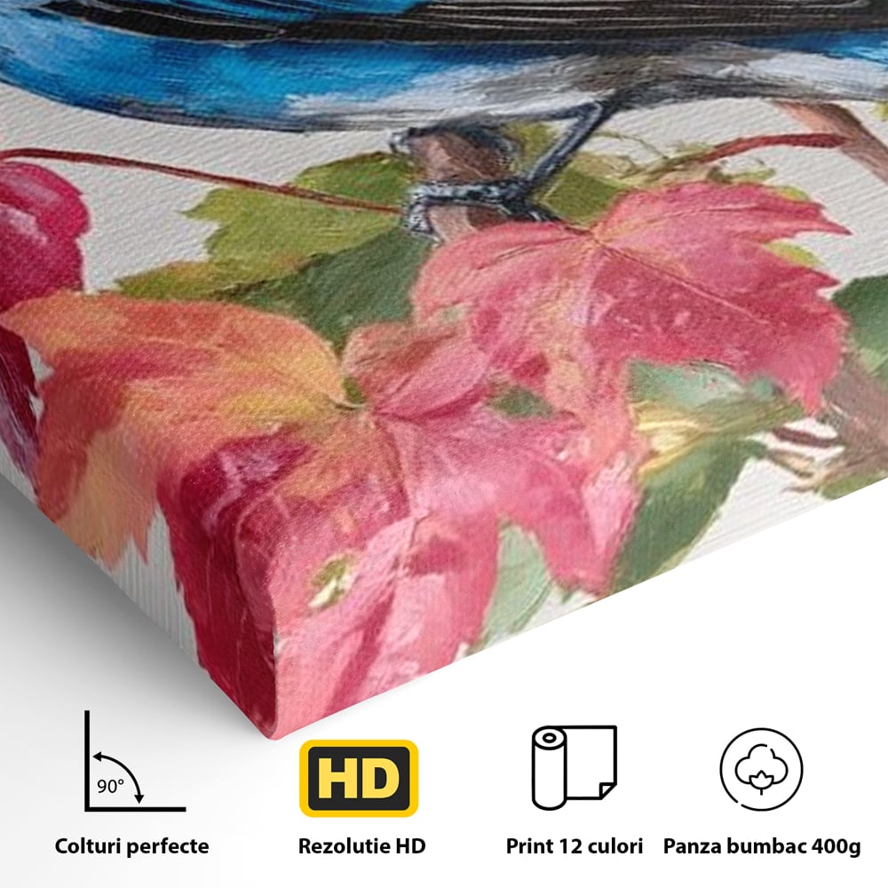Tablou Canvas Premium, LuxCanva® M1106, Compozitie de Toamna, Pasare, Frunze, Toamna, Ramura, Acuarela, Rustic, Pastel, Cobalt, Natura, Birou, Living, Camera Copil