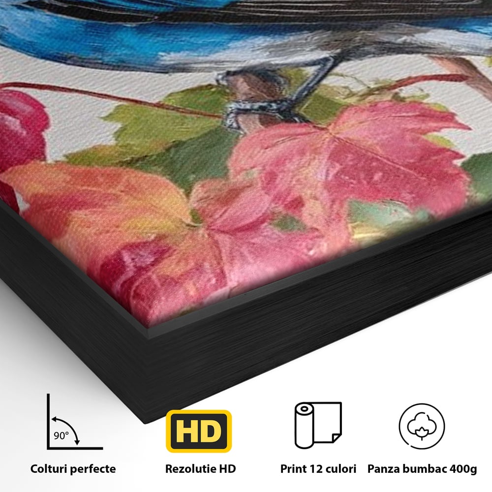 Tablou Canvas Premium, LuxCanva® M1106, Compozitie de Toamna, Pasare, Frunze, Toamna, Ramura, Acuarela, Rustic, Pastel, Cobalt, Natura, Birou, Living, Camera Copil