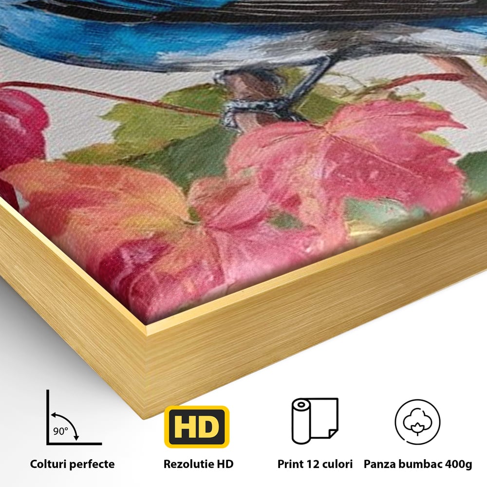 Tablou Canvas Premium, LuxCanva® M1106, Compozitie de Toamna, Pasare, Frunze, Toamna, Ramura, Acuarela, Rustic, Pastel, Cobalt, Natura, Birou, Living, Camera Copil