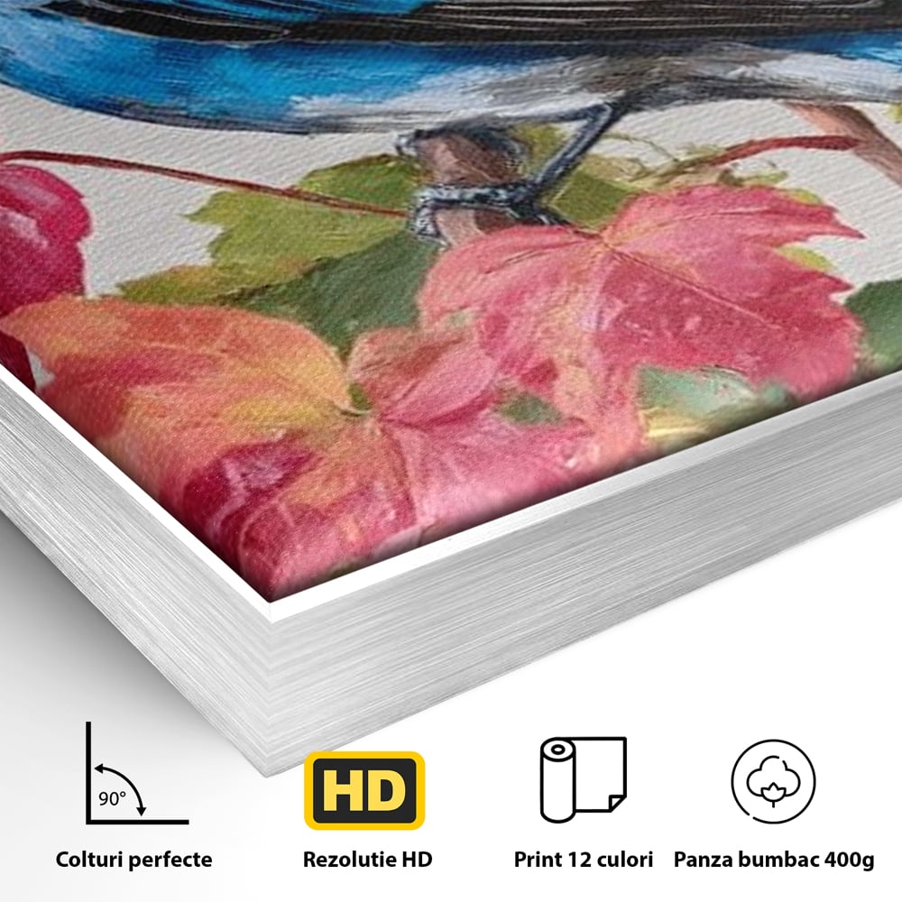 Tablou Canvas Premium, LuxCanva® M1106, Compozitie de Toamna, Pasare, Frunze, Toamna, Ramura, Acuarela, Rustic, Pastel, Cobalt, Natura, Birou, Living, Camera Copil