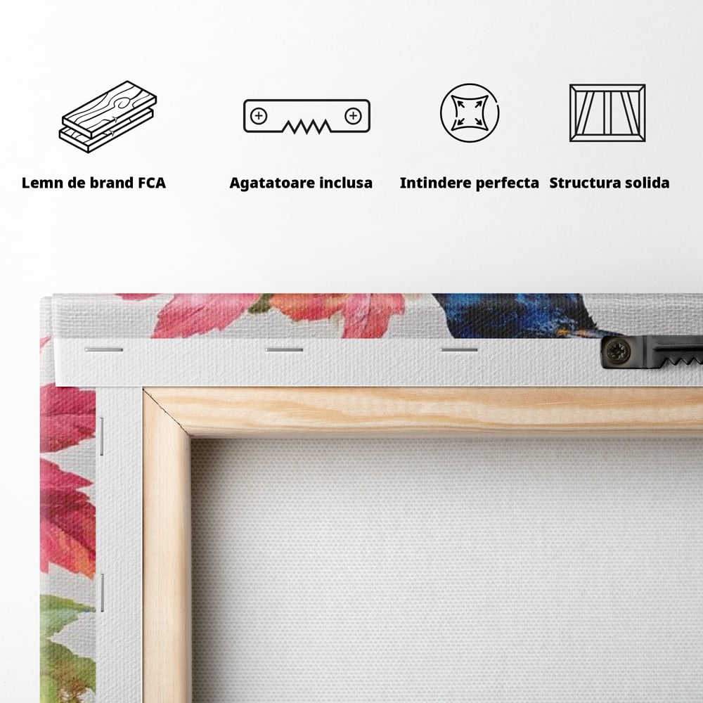Tablou Canvas Premium, LuxCanva® M1106, Compozitie de Toamna, Pasare, Frunze, Toamna, Ramura, Acuarela, Rustic, Pastel, Cobalt, Natura, Birou, Living, Camera Copil