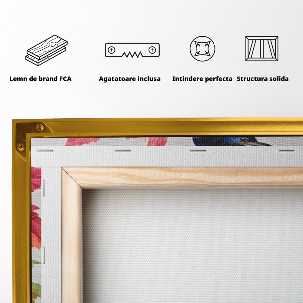 Tablou Canvas Premium, LuxCanva® M1106, Compozitie de Toamna, Pasare, Frunze, Toamna, Ramura, Acuarela, Rustic, Pastel, Cobalt, Natura, Birou, Living, Camera Copil