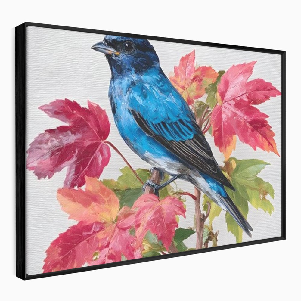 Tablou Canvas Premium, LuxCanva® M1106, Compozitie de Toamna, Pasare, Frunze, Toamna, Ramura, Acuarela, Rustic, Pastel, Cobalt, Natura, Birou, Living, Camera Copil