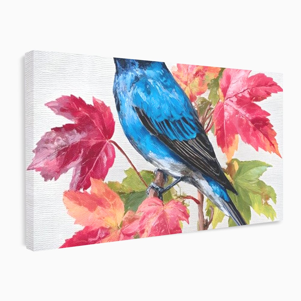 Tablou Canvas Premium, LuxCanva® M1106, Compozitie de Toamna, Pasare, Frunze, Toamna, Ramura, Acuarela, Rustic, Pastel, Cobalt, Natura, Birou, Living, Camera Copil