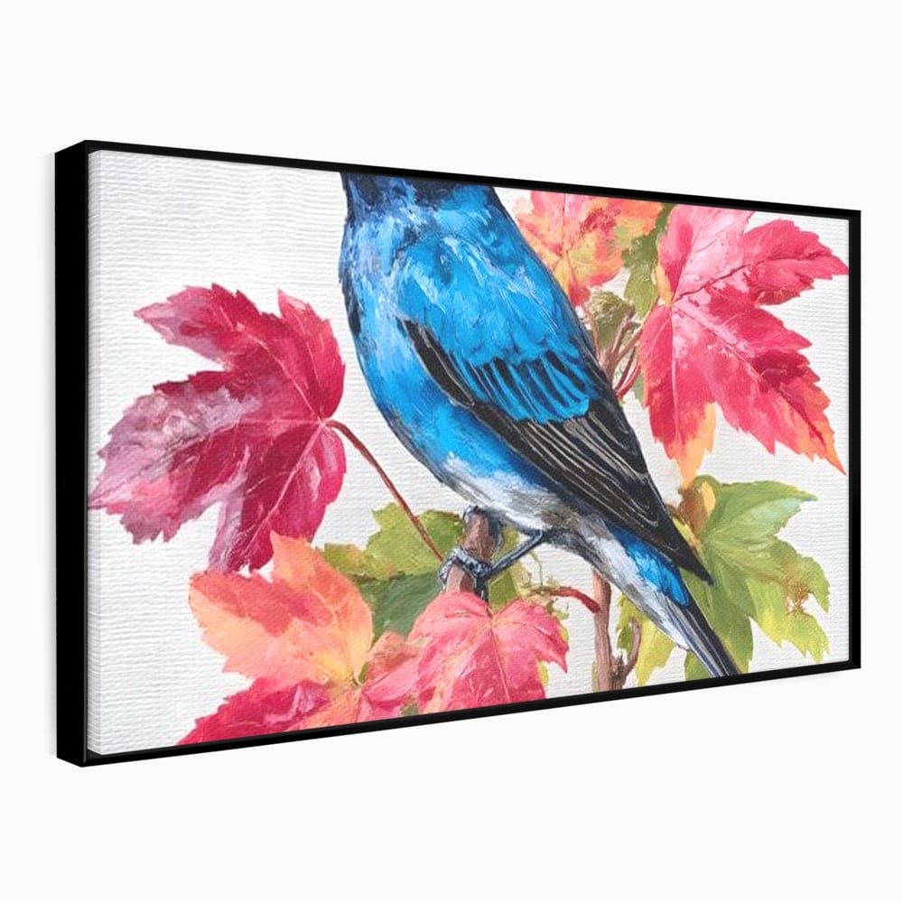 Tablou Canvas Premium, LuxCanva® M1106, Compozitie de Toamna, Pasare, Frunze, Toamna, Ramura, Acuarela, Rustic, Pastel, Cobalt, Natura, Birou, Living, Camera Copil