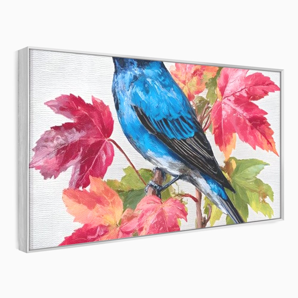 Tablou Canvas Premium, LuxCanva® M1106, Compozitie de Toamna, Pasare, Frunze, Toamna, Ramura, Acuarela, Rustic, Pastel, Cobalt, Natura, Birou, Living, Camera Copil