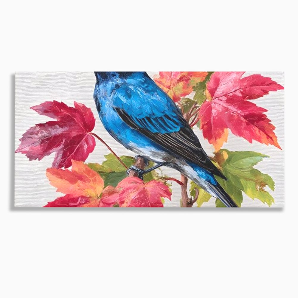 Tablou Canvas Premium, LuxCanva® M1106, Compozitie de Toamna, Pasare, Frunze, Toamna, Ramura, Acuarela, Rustic, Pastel, Cobalt, Natura, Birou, Living, Camera Copil