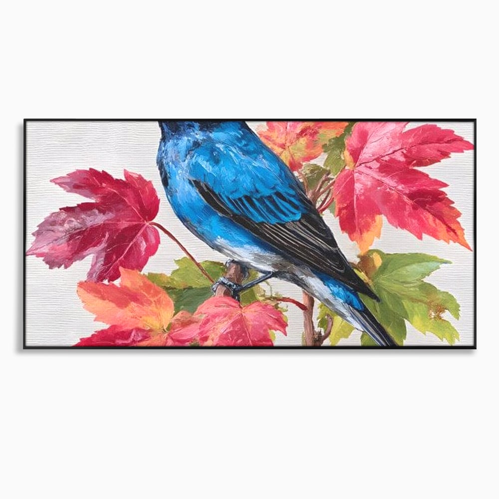 Tablou Canvas Premium, LuxCanva® M1106, Compozitie de Toamna, Pasare, Frunze, Toamna, Ramura, Acuarela, Rustic, Pastel, Cobalt, Natura, Birou, Living, Camera Copil