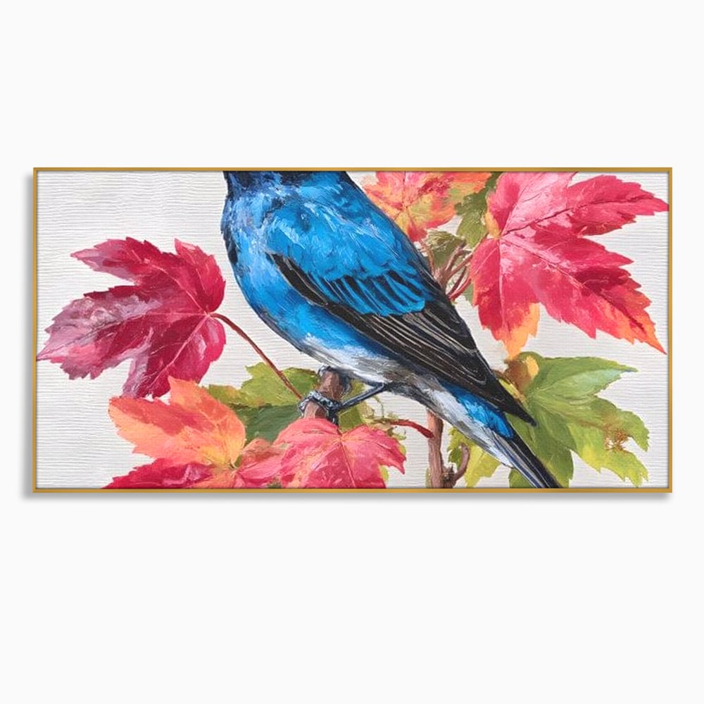 Tablou Canvas Premium, LuxCanva® M1106, Compozitie de Toamna, Pasare, Frunze, Toamna, Ramura, Acuarela, Rustic, Pastel, Cobalt, Natura, Birou, Living, Camera Copil