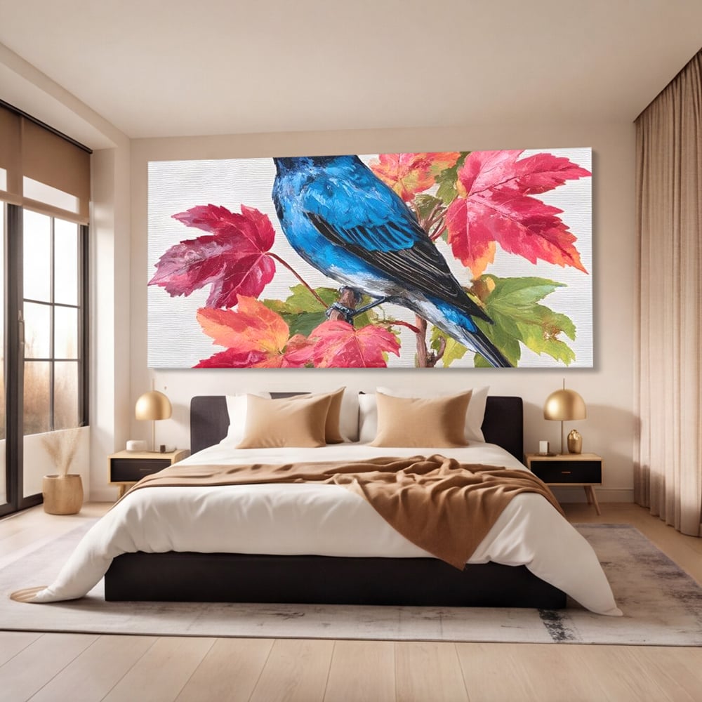 Tablou Canvas Premium, LuxCanva® M1106, Compozitie de Toamna, Pasare, Frunze, Toamna, Ramura, Acuarela, Rustic, Pastel, Cobalt, Natura, Birou, Living, Camera Copil