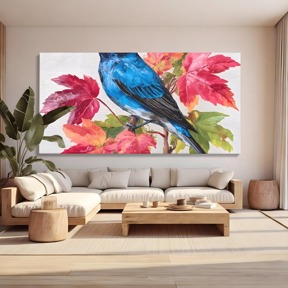 Tablou Canvas Premium, LuxCanva® M1106, Compozitie de Toamna, Pasare, Frunze, Toamna, Ramura, Acuarela, Rustic, Pastel, Cobalt, Natura, Birou, Living, Camera Copil