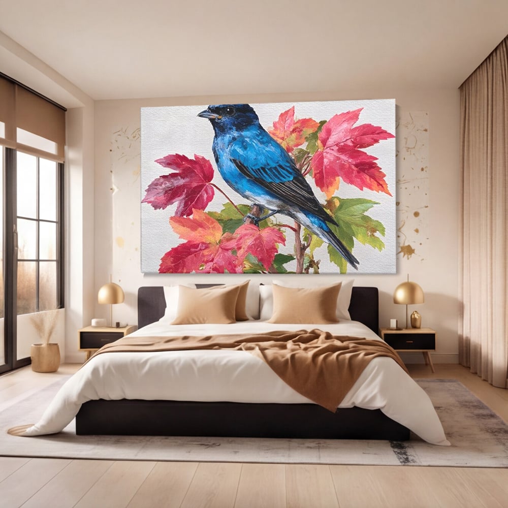 Tablou Canvas Premium, LuxCanva® M1106, Compozitie de Toamna, Pasare, Frunze, Toamna, Ramura, Acuarela, Rustic, Pastel, Cobalt, Natura, Birou, Living, Camera Copil
