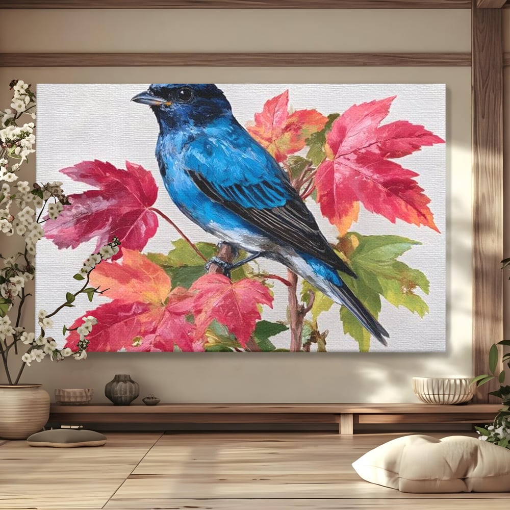 Tablou Canvas Premium, LuxCanva® M1106, Compozitie de Toamna, Pasare, Frunze, Toamna, Ramura, Acuarela, Rustic, Pastel, Cobalt, Natura, Birou, Living, Camera Copil