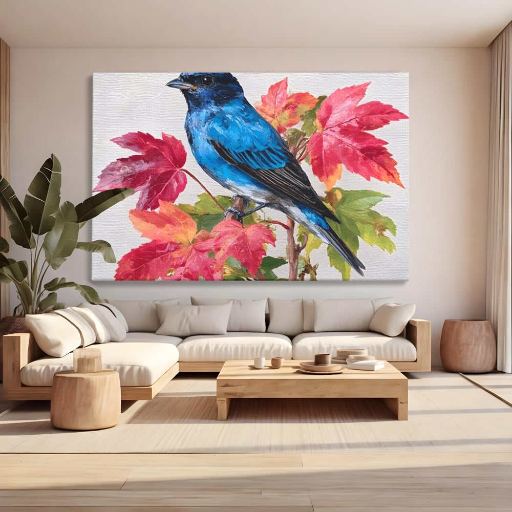 Tablou Canvas Premium, LuxCanva® M1106, Compozitie de Toamna, Pasare, Frunze, Toamna, Ramura, Acuarela, Rustic, Pastel, Cobalt, Natura, Birou, Living, Camera Copil
