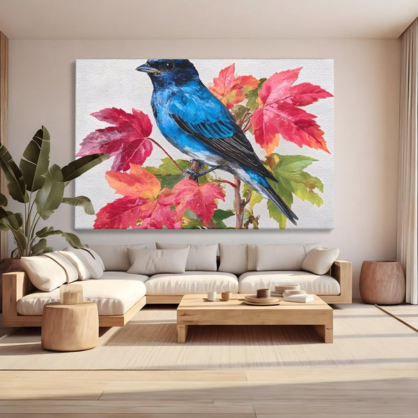 Tablou Canvas Premium, LuxCanva® M1106, Compozitie de Toamna, Pasare, Frunze, Toamna, Ramura, Acuarela, Rustic, Pastel, Cobalt, Natura, Birou, Living, Camera Copil
