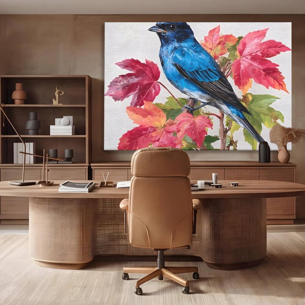 Tablou Canvas Premium, LuxCanva® M1106, Compozitie de Toamna, Pasare, Frunze, Toamna, Ramura, Acuarela, Rustic, Pastel, Cobalt, Natura, Birou, Living, Camera Copil
