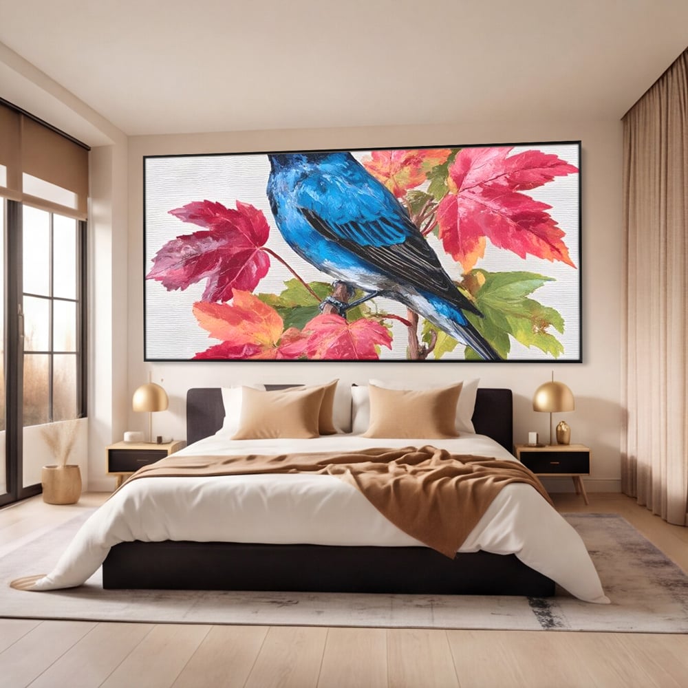 Tablou Canvas Premium, LuxCanva® M1106, Compozitie de Toamna, Pasare, Frunze, Toamna, Ramura, Acuarela, Rustic, Pastel, Cobalt, Natura, Birou, Living, Camera Copil