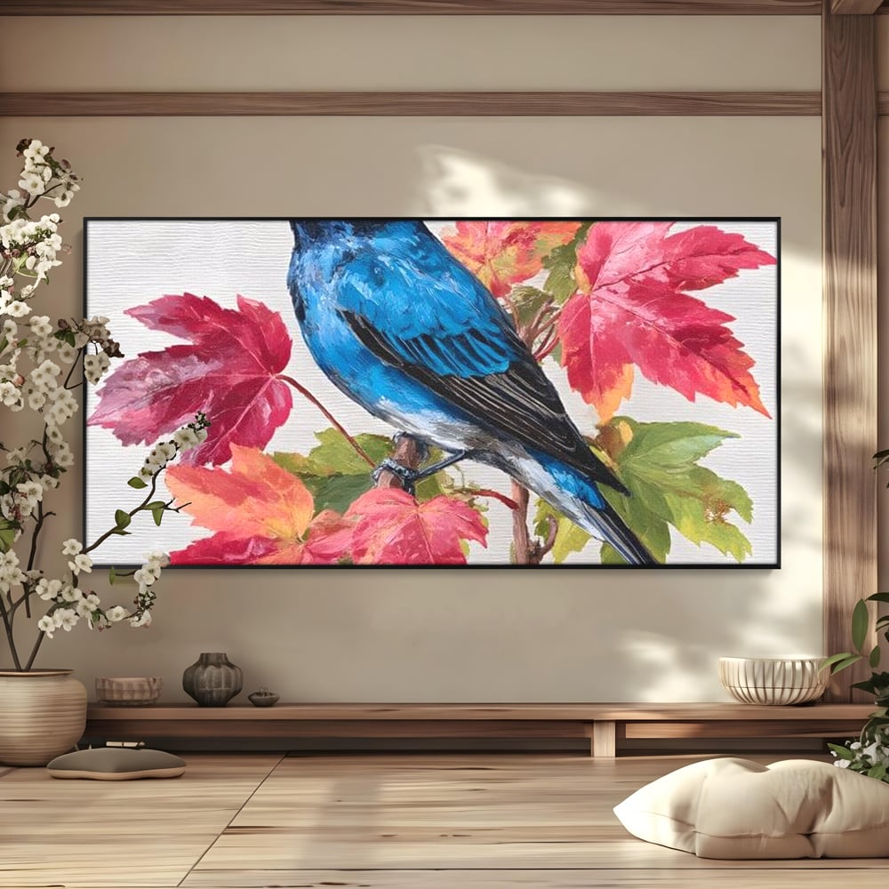 Tablou Canvas Premium, LuxCanva® M1106, Compozitie de Toamna, Pasare, Frunze, Toamna, Ramura, Acuarela, Rustic, Pastel, Cobalt, Natura, Birou, Living, Camera Copil