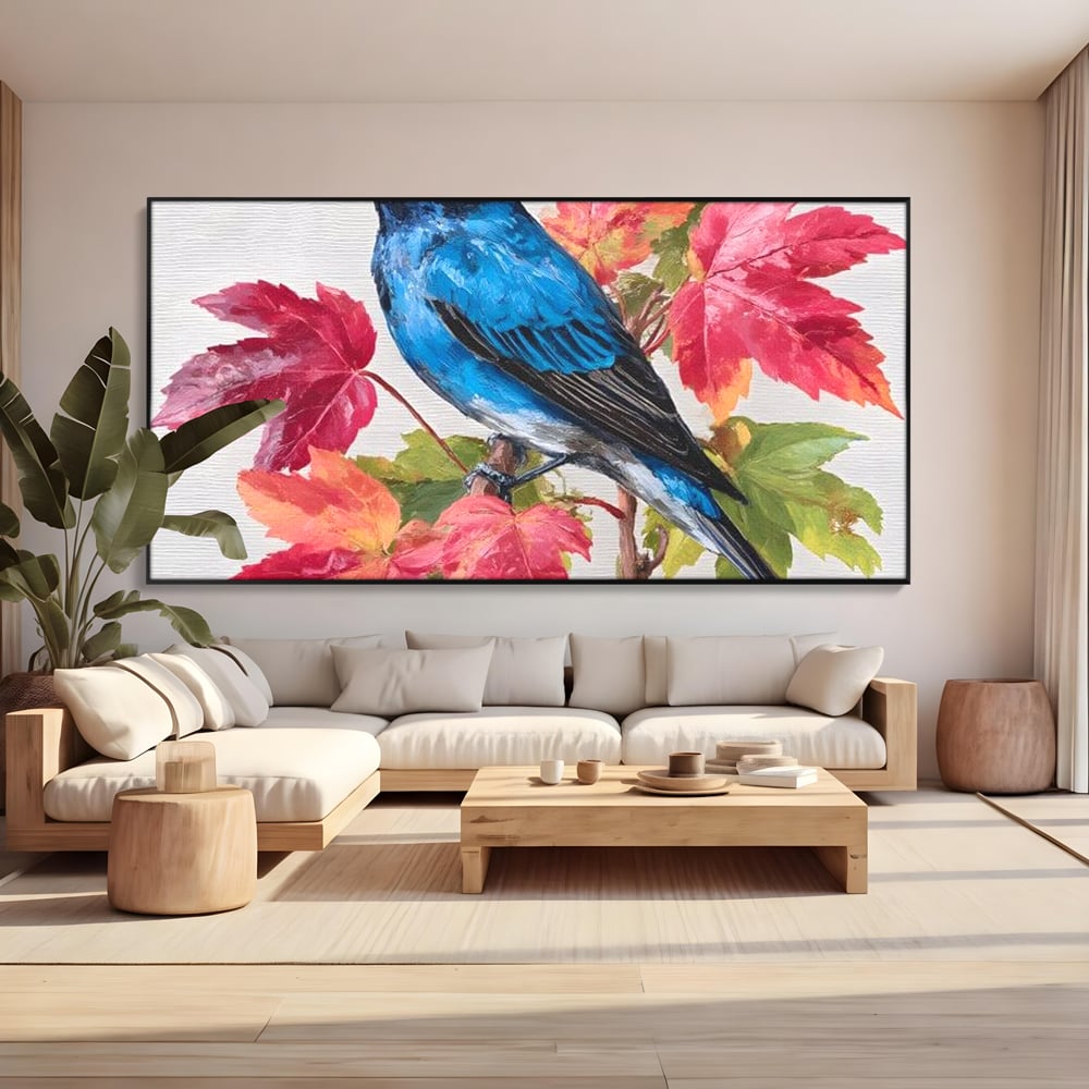 Tablou Canvas Premium, LuxCanva® M1106, Compozitie de Toamna, Pasare, Frunze, Toamna, Ramura, Acuarela, Rustic, Pastel, Cobalt, Natura, Birou, Living, Camera Copil