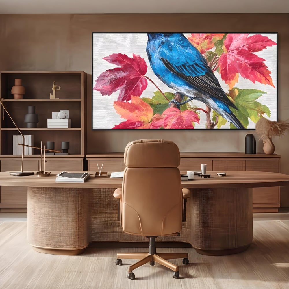 Tablou Canvas Premium, LuxCanva® M1106, Compozitie de Toamna, Pasare, Frunze, Toamna, Ramura, Acuarela, Rustic, Pastel, Cobalt, Natura, Birou, Living, Camera Copil