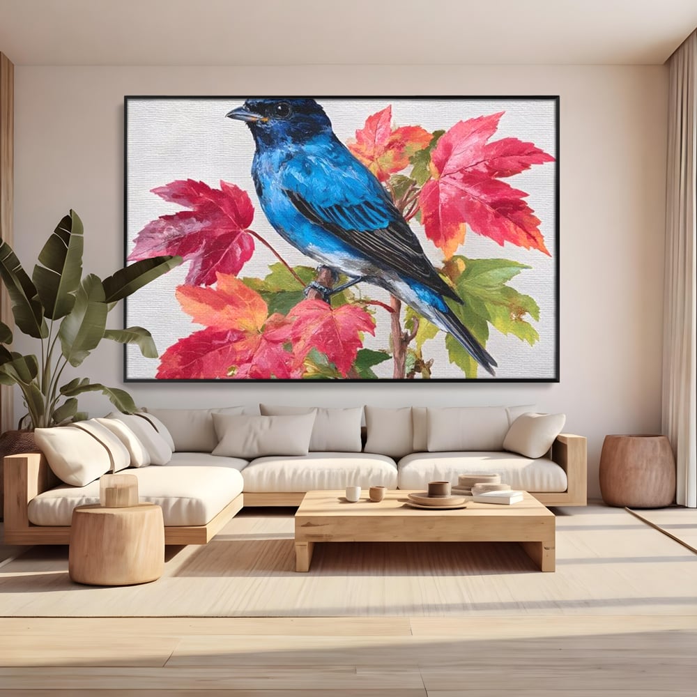 Tablou Canvas Premium, LuxCanva® M1106, Compozitie de Toamna, Pasare, Frunze, Toamna, Ramura, Acuarela, Rustic, Pastel, Cobalt, Natura, Birou, Living, Camera Copil